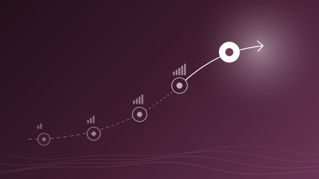 Parcours en cinq étapes qui mène vers un nouvel ERP, illustration sur fond violet