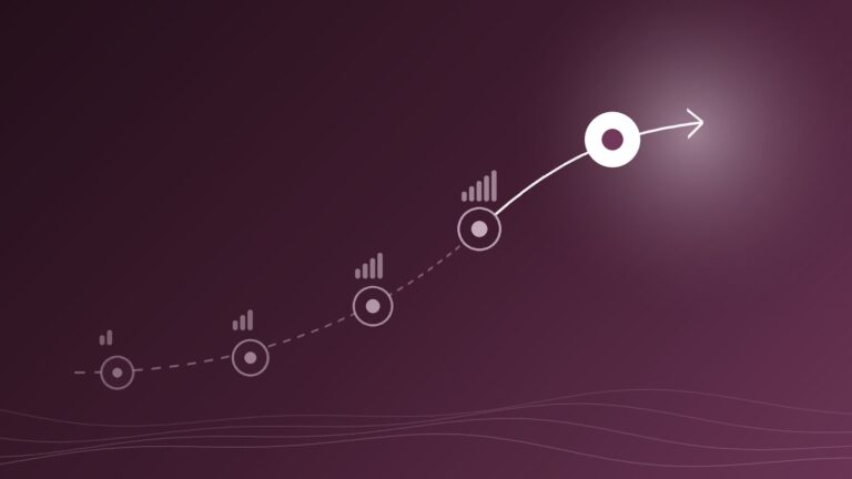 Parcours en cinq étapes qui mène vers un nouvel ERP, illustration sur fond violet